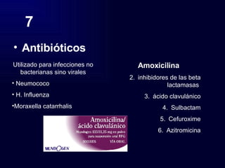 7 Antibióticos Utilizado para infecciones no bacterianas sino virales Neumococo H. Influenza  Moraxella catarrhalis  Amoxicilina inhibidores de las beta lactamasas  ácido clavulánico Sulbactam Cefuroxime Azitromicina 