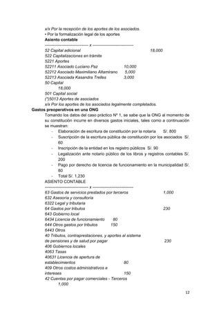 x/x Por la recepción de los aportes de los asociados.
• Por la formalización legal de los aportes
Asiento contable
-------------------------------- x ------------------------------
52 Capital adicional 18,000
522 Capitalizaciones en trámite
5221 Aportes
52211 Asociado Luciano Paz 10,000
52212 Asociado Maximiliano Altamirano 5,000
52213 Asociada Kasandra Trelles 3,000
50 Capital
18,000
501 Capital social
(*)5013 Aportes de asociados
x/x Por los aportes de los asociados legalmente completados.
Gastos preoperativos en una ONG
Tomando los datos del caso práctico Nº 1, se sabe que la ONG al momento de
su constitución incurre en diversos gastos iniciales, tales como a continuación
se muestran:
- Elaboración de escritura de constitución por la notaría S/. 800
- Suscripción de la escritura pública de constitución por los asociados S/.
60
- Inscripción de la entidad en los registro públicos S/. 90
- Legalización ante notario público de los libros y registros contables S/.
200
- Pago por derecho de licencia de funcionamiento en la municipalidad S/.
80
- Total S/. 1,230
ASIENTO CONTABLE
-------------------------------- x ------------------------------
63 Gastos de servicios prestados por terceros 1,000
632 Asesoría y consultoría
6322 Legal y tributaria
64 Gastos por tributos 230
643 Gobierno local
6434 Licencia de funcionamiento 80
644 Otros gastos por tributos 150
6443 Otros
40 Tributos, contraprestaciones, y aportes al sistema
de pensiones y de salud por pagar 230
406 Gobiernos locales
4063 Tasas
40631 Licencia de apertura de
establecimientos 80
409 Otros costos administrativos e
intereses 150
42 Cuentas por pagar comerciales - Terceros
1,000
12
 