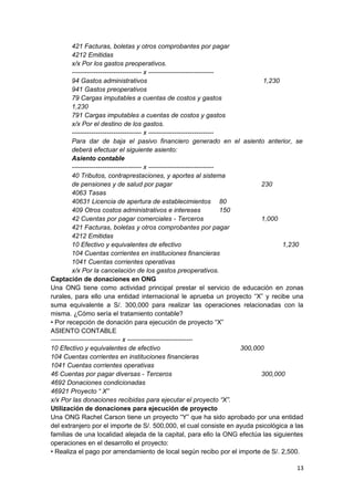 421 Facturas, boletas y otros comprobantes por pagar
4212 Emitidas
x/x Por los gastos preoperativos.
-------------------------------- x ------------------------------
94 Gastos administrativos 1,230
941 Gastos preoperativos
79 Cargas imputables a cuentas de costos y gastos
1,230
791 Cargas imputables a cuentas de costos y gastos
x/x Por el destino de los gastos.
-------------------------------- x ------------------------------
Para dar de baja el pasivo financiero generado en el asiento anterior, se
deberá efectuar el siguiente asiento:
Asiento contable
-------------------------------- x ------------------------------
40 Tributos, contraprestaciones, y aportes al sistema
de pensiones y de salud por pagar 230
4063 Tasas
40631 Licencia de apertura de establecimientos 80
409 Otros costos administrativos e intereses 150
42 Cuentas por pagar comerciales - Terceros 1,000
421 Facturas, boletas y otros comprobantes por pagar
4212 Emitidas
10 Efectivo y equivalentes de efectivo 1,230
104 Cuentas corrientes en instituciones financieras
1041 Cuentas corrientes operativas
x/x Por la cancelación de los gastos preoperativos.
Captación de donaciones en ONG
Una ONG tiene como actividad principal prestar el servicio de educación en zonas
rurales, para ello una entidad internacional le aprueba un proyecto “X” y recibe una
suma equivalente a S/. 300,000 para realizar las operaciones relacionadas con la
misma. ¿Cómo sería el tratamiento contable?
• Por recepción de donación para ejecución de proyecto “X”
ASIENTO CONTABLE
-------------------------------- x ------------------------------
10 Efectivo y equivalentes de efectivo 300,000
104 Cuentas corrientes en instituciones financieras
1041 Cuentas corrientes operativas
46 Cuentas por pagar diversas - Terceros 300,000
4692 Donaciones condicionadas
46921 Proyecto “ X”
x/x Por las donaciones recibidas para ejecutar el proyecto “X”.
Utilización de donaciones para ejecución de proyecto
Una ONG Rachel Carson tiene un proyecto “Y” que ha sido aprobado por una entidad
del extranjero por el importe de S/. 500,000, el cual consiste en ayuda psicológica a las
familias de una localidad alejada de la capital, para ello la ONG efectúa las siguientes
operaciones en el desarrollo el proyecto:
• Realiza el pago por arrendamiento de local según recibo por el importe de S/. 2,500.
13
 