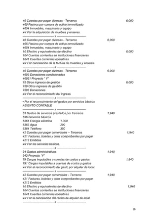 46 Cuentas por pagar diversas - Terceros 6,000
465 Pasivos por compra de activo inmovilizado
4654 Inmuebles, maquinaria y equipo
x/x Por la adquisición de muebles y enseres.
-------------------------------- x ------------------------------
46 Cuentas por pagar diversas - Terceros 6,000
465 Pasivos por compra de activo inmovilizado
4654 Inmuebles, maquinaria y equipo
10 Efectivo y equivalentes de efectivo 6,000
104 Cuentas corrientes en instituciones financieras
1041 Cuentas corrientes operativas
x/x Por cancelación de la factura de muebles y enseres.
-------------------------------- x ------------------------------
46 Cuentas por pagar diversas - Terceros 6,000
4692 Donaciones condicionadas
46921 Proyecto “ Y”
75 Otros ingresos de gestión 6,000
759 Otros ingresos de gestión
7593 Donaciones
x/x Por el reconocimiento del ingreso.
-------------------------------- x ------------------------------
• Por el reconocimiento del gastos por servicios básicos
ASIENTO CONTABLE
-------------------------------- x ------------------------------
63 Gastos de servicios prestados por Terceros 1,940
636 Servicios básicos
6361 Energía eléctrica 1,300
6363 Agua 290
6364 Teléfono 350
42 Cuentas por pagar comerciales – Terceros 1,940
421 Facturas, boletas y otros comprobantes por pagar
4212 Emitidas
x/x Por los servicios básicos.
-------------------------------- x ------------------------------
94 Gastos administrativos 1,940
942 Proyecto “Y”
79 Cargas imputables a cuentas de costos y gastos 1,940
791 Cargas imputables a cuentas de costos y gastos
x/x Por el reconocimiento del gasto por alquiler de local.
-------------------------------- x ------------------------------
42 Cuentas por pagar comerciales - Terceros 1,940
421 Facturas, boletas y otros comprobantes por pagar
4212 Emitidas
10 Efectivo y equivalentes de efectivo 1,940
104 Cuentas corrientes en instituciones financieras
1041 Cuentas corrientes operativas
x/x Por la cancelación del recibo de alquiler de local.
-------------------------------- x ------------------------------
16
 