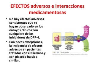 EFECTOS adversos e interacciones
          medicamentosas
• No hay efectos adversos
  consistentes que se
  hayan observado en los
  ensayos clínicos con
  cualquiera de los
  inhibidores de DPP-4.
• Con pocas excepciones,
  la incidencia de efectos
  adversos en pacientes
  tratados con el fármaco y
  con placebo ha sido
  similar.
 