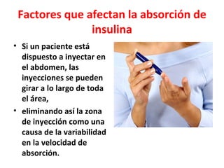 Factores que afectan la absorción de
               insulina
• Si un paciente está
  dispuesto a inyectar en
  el abdomen, las
  inyecciones se pueden
  girar a lo largo de toda
  el área,
• eliminando así la zona
  de inyección como una
  causa de la variabilidad
  en la velocidad de
  absorción.
 