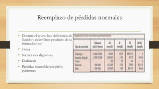 Reemplazo de pérdidas normales
• Durante el ayuno hay deficiencia de
líquido y electrólitos producto de la
formación de:
• Orina
• Secreciones digestivas
• Diaforesis
• Pérdidas insensible por piel y
pulmones
 