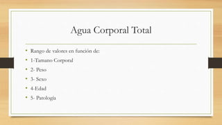Agua Corporal Total
• Rango de valores en función de:
• 1-Tamano Corporal
• 2- Peso
• 3- Sexo
• 4-Edad
• 5- Patología
 