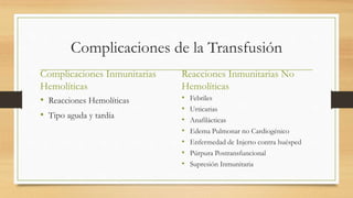 Complicaciones de la Transfusión
Complicaciones Inmunitarias
Hemolíticas
• Reacciones Hemolíticas
• Tipo aguda y tardía
Reacciones Inmunitarias No
Hemolíticas
• Febriles
• Urticarias
• Anafilácticas
• Edema Pulmonar no Cardiogénico
• Enfermedad de Injerto contra huésped
• Púrpura Postransfuncional
• Supresión Inmunitaria
 