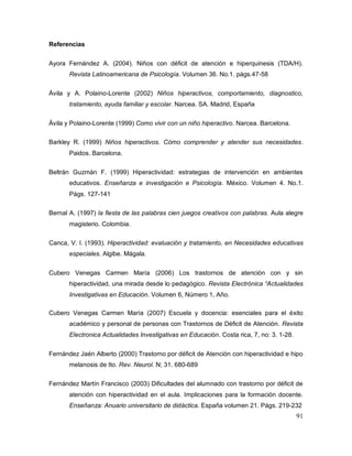 91
Referencias
Ayora Fernández A. (2004). Niños con déficit de atención e hiperquinesis (TDA/H).
Revista Latinoamericana de Psicología. Volumen 36. No.1. págs.47-58
Ávila y A. Polaino-Lorente (2002) Niños hiperactivos, comportamiento, diagnostico,
tratamiento, ayuda familiar y escolar. Narcea. SA. Madrid, España
Ávila y Polaino-Lorente (1999) Como vivir con un niño hiperactivo. Narcea. Barcelona.
Barkley R. (1999) Niños hiperactivos. Cómo comprender y atender sus necesidades.
Paidos. Barcelona.
Beltrán Guzmán F. (1999) Hiperactividad: estrategias de intervención en ambientes
educativos. Enseñanza e investigación e Psicología. México. Volumen 4. No.1.
Págs. 127-141
Bernal A. (1997) la fiesta de las palabras cien juegos creativos con palabras. Aula alegre
magisterio. Colombia.
Canca, V. I. (1993). Hiperactividad: evaluación y tratamiento, en Necesidades educativas
especiales. Algibe. Mágala.
Cubero Venegas Carmen María (2006) Los trastornos de atención con y sin
hiperactividad, una mirada desde lo pedagógico. Revista Electrónica “Actualidades
Investigativas en Educación. Volumen 6, Número 1, Año.
Cubero Venegas Carmen María (2007) Escuela y docencia: esenciales para el éxito
académico y personal de personas con Trastornos de Déficit de Atención. Revista
Electronica Actualidades Investigativas en Educación. Costa rica, 7, no: 3. 1-28.
Fernández Jaén Alberto (2000) Trastorno por déficit de Atención con hiperactividad e hipo
melanosis de Ito. Rev. Neurol. N; 31. 680-689
Fernández Martín Francisco (2003) Dificultades del alumnado con trastorno por déficit de
atención con hiperactividad en el aula. Implicaciones para la formación docente.
Enseñanza: Anuario universitario de didáctica. España volumen 21. Págs. 219-232
 