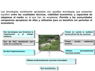 Las tecnologías socialmente apropiadas son aquellas tecnologías que presentan equilibro  entre las cualidades técnicas, viabilidad económica, y capacidad de adaptarse al medio  en el que han de empelarse.  Permite a las comunidades campesinas apropiarse de ellas y utilizarlas para su beneficio sin perturbar el ecosistema  Toman en cuenta la realidad sociocultural de los usuarios Tienen acción ambiental positiva.  Utilizan principalmente recursos locales Son tecnologías que fomentan la organización y el trabajo solidario. Son de fácil asimilación por parte de la población De fácil implementación.  Utilizan preferentemente recursos renovables Son económicas.  