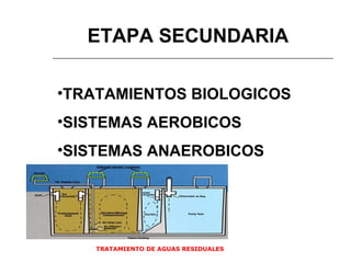 TRATAMIENTO DE AGUAS RESIDUALES ETAPA SECUNDARIA TRATAMIENTOS BIOLOGICOS SISTEMAS AEROBICOS SISTEMAS ANAEROBICOS 