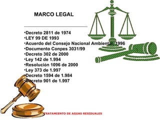 TRATAMIENTO DE AGUAS RESIDUALES  Decreto 2811 de 1974 LEY 99 DE 1993 Acuerdo del Consejo Nacional Ambiental, 1996 Documento Conpes 3031/99 Decreto 302 de 2000 Ley 142 de 1.994 Resoluci ó n 1096 de 2000  Ley 373 de 1.997   Decreto 1594 de 1.984   Decreto 901 de 1.997  MARCO LEGAL 