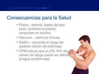 2 ¿Qué puede hacer el agua para ti?



Consecuencias para la Salud
      • Plomo - anemia, bebés de bajo
        peso, aumenta la presión
        sanguínea en adultos
      • Mercurio – daña los riñones
      • Radón – aumenta el riesgo de
        padecer cáncer de estómago
      • OPM calcula que un 2%-10% del
        cáncer de vejiga puede ser debido
        al agua contaminada
 