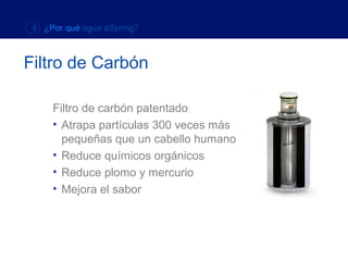 4 ¿Por qué agua eSpring?



Filtro de Carbón

     Filtro de carbón patentado
     • Atrapa partículas 300 veces más
       pequeñas que un cabello humano
     • Reduce químicos orgánicos
     • Reduce plomo y mercurio
     • Mejora el sabor
 