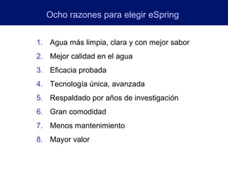 Ocho razones para elegir eSpring


1. Agua más limpia, clara y con mejor sabor
2. Mejor calidad en el agua
3. Eficacia probada
4. Tecnología única, avanzada
5. Respaldado por años de investigación
6. Gran comodidad
7. Menos mantenimiento
8. Mayor valor
 