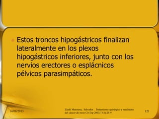  Estos troncos hipogástricos finalizan
lateralmente en los plexos
hipogástricos inferiores, junto con los
nervios erectores o esplácnicos
pélvicos parasimpáticos.
14/08/2013 121
Lledó Matosesa, Salvador . Tratamiento quirúrgico y resultados
del cáncer de recto Cir Esp 2003;73(1):25-9
 
