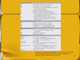 14/08/2013 27
Labianca, R. Clinical practice guidelines. Primary colon cancer: ESMO
Clinical Practice Guidelines for diagnosis, adjuvant treatment and
follow-up; Annals of Oncology, 2010. P 70-77.
 