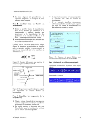 Tratamiento Estadístico de Datos


        Se debe disponer del procedimiento de                                                            Es importante considerar si la data disponible
        operación del patrón o la descripción de otros                                                   es suficiente para todas las fuentes de
        métodos que se empleen.                                                                          incertidumbre.
                                                                                                         Si es necesario planificar experimentos
Paso 2: Identificar todas las Fuentes de                                                                 adicionales y estudios cuidadosos para asegurar
Incertidumbre                                                                                            que todas las fuentes de incertidumbre son
                                                                                                         adecuadamente tomadas en cuenta.
        Listar las posibles fuentes de incertidumbre.
        Esto incluye Fuentes que contribuyen a la
        incertidumbre o incluyen Fuentes que                                                             Simplificar agrupando
        contribuyen a la incertidumbre de los                                                                                       Diagrama causa y efecto
                                                                                                        fuentes cubiertas por los
        parámetros en la relación especificada en el                                                        datos existentes
        Paso 1, también puede incluir otras fuentes.
        Una adecuada herramientas para presentar esto                                                   Cuantificar componentes     validacion
        es el diagrama causa y efecto.                                                                         agrupadas

Ejemplo: Para el caso de la medición del tiempo
muerto de detectores no-paralizables (n: contajes                                                       Cuantificar componentes
                                                                                                                                    Validación y robustes
                                                                                                              remanentes
reales, m: contajes medidos, τ: tiempo muerto), la
relación del mensurando (τ) y las variables de
entrada (n, m) es:                                                                                     Convertir componentes a
                                                                                                        desviaciones estandar


                                m(t ) = 1n+(nτ
                                            t)
                                                                                                     Figura 16. Esquema de pasos básicos para
                                                                                                     determinar las componentes a la incertidumbre.

Figura 14. Ejemplo del modelo que relaciona el                                                       Paso 4: Calcular la incertidumbre combinada
mensurando y las variables de entrada.
                                                                                                     Aproximar el mensurado al primero orden según
                                    m              Tratamiento de datos                              Taylor:
    Estado cadena de arranque

Repetibilidad de la medición                                      Ajusto no lineal

    Tiempo de contaje
    Lectura de datos
    Inicio de contaje
    Fin de contaje                                                                   Tiempo muerto   Determinar la varianza
                           Tiempo muerto constante
                                                            Fuente de neutrones
               Evolución del periodo puntual


          Detector no paralizable



                                               n


Figura 15 Esquema causa y efecto ( espina de pez)
para representar las diversas fuentes de
incertidumbre.

Paso 3: Cuantificar las componentes de la
incertidumbre
Measure or estimate the size of the uncertainty
    Medir o estimar el tamaño de la incertidumbre
    de cada componente asociado con cada fuente
    potencial de incertidumbre identificada.
    Es posible estimar o determinar una sola
    Contribución para la incertidumbre asociada
    con un número de fuentes separadas.




A. Zúñiga, 2008-08-22                                                                                                                                         9
 