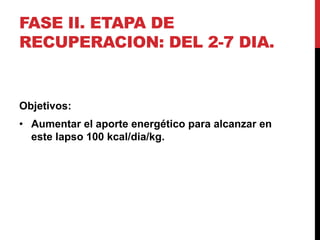 FASE II. ETAPA DE
RECUPERACION: DEL 2-7 DIA.


Objetivos:
• Aumentar el aporte energético para alcanzar en
  este lapso 100 kcal/dia/kg.
 