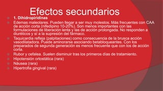









Efectos secundarios

1. Dihidropiridinas
Edemas maleolares. Pueden llegar a ser muy molestos. Más frecuentes con CAA
de acción corta (nifedipino 10-20%). Son menos importantes con las
formulaciones de liberación lenta y las de acción prolongada. No responden a
diuréticos y sí a la supresión del fármaco.
Taquicardia refleja (palpitaciones) como consecuencia de la brusca acción
vasodilatadora. Puede aminorarse asociando betabloqueantes. Con los
preparados de segunda generación es menos frecuente que con los de acción
corta.
Rubor y cefalea. Suelen disminuir tras los primeros días de tratamiento.
Hipotensión ortostática (rara)
Náusea (rara)
Hipertrofia gingival (rara)

 