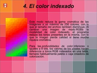 4. El color indexado
• Este modo reduce la gama cromática de las
imágenes a un máximo de 256 colores, con lo
que el tamaño del archivo tambien disminuye. Al
cambiar una imagen de modo RGBa la
modalidad de color indexado, el programa
reduce los tonos presentes en la misma, con lo
que la imagen pierde calidad si tiene mucha
riqueza cromática.
• Para las profundidades de color inferiores o
iguales a 8 bits, los valores de los píxeles hacen
referencia a tonos RGB indexados en una tabla,
llamada habitualmente paleta o caja creadora de
colorización.
 