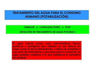 TRATAMIENTO DEL AGUA PARA EL CONSUMO HUMANO (POTABILIZACIÓN ) EMBALSE     CANALIZACIONES     ETAP (ESTACIÓN DE TRATAMIENTO DE AGUA POTABLE  ) El agua natural posee unas características físicas, químicas y biológicas que impiden su uso directo en casos como el de la alimentación, y debe ser sometida a una serie de tratamientos y procesos que la conviertan en agua potable conforme a lo que establece la normativa de sanidad. 