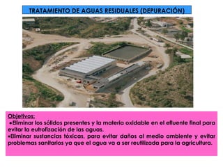 TRATAMIENTO DE AGUAS RESIDUALES (DEPURACIÓN) Objetivos:    Eliminar los sólidos presentes y la materia oxidable en el efluente final para evitar la eutrofización de las aguas.  Eliminar sustancias tóxicas, para evitar daños al medio ambiente y evitar problemas sanitarios ya que el agua va a ser reutilizada para la agricultura. 