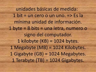 unidades básicas de medida:  1 bit = un cero o un uno. => Es la mínima unidad de información.1 byte = 8 bits = una letra, numero o signo del computador. 1 kilobyte (KB) = 1024 bytes.1 Megabyte (MB) = 1024 Kilobytes.1 Gigabyte (GB) = 1024 Megabytes.1 Terabyte (TB) = 1024 Gigabytes.