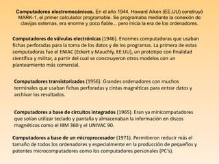 Computadores electromecánicos. En el año 1944, Howard Aiken (EE.UU) construyó MARK-1, el primer calculador programable. Se programaba mediante la conexión de clavijas externas, era enorme y poco fiable... pero inicia la era de los ordenadores.Computadores de válvulas electrónicas (1946). Enormes computadoras que usaban fichas perforadas para la toma de los datos y de los programas. La primera de estas computadoras fue el ENIAC (Eckert y Mauchly, EE.UU), un prototipo con finalidad científica y militar, a partir del cual se construyeron otros modelos con un planteamiento más comercial.Computadores transistorizados (1956). Grandes ordenadores con muchos terminales que usaban fichas perforadas y cintas magnéticas para entrar datos y archivar los resultados.Computadores a base de circuitos integrados (1965). Eran ya minicomputadores que solían utilizar teclado y pantalla y almacenaban la información en discos magnéticos como el IBM 360 y el UNIVAC 90.Computadores a base de un microprocesador (1971). Permitieron reducir más el tamaño de todos los ordenadores y especialmente en la producción de pequeños y potentes microcomputadores como los computadores personales (PC’s).