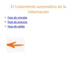 El tratamiento automático de la
información
• Fase de entrada
• Fase de proceso
• Fase de salida
 