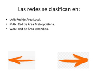Las redes se clasifican en:
• LAN: Red de Área Local.
• MAN: Red de Área Metropolitana.
• WAN: Red de Área Extendida.
 