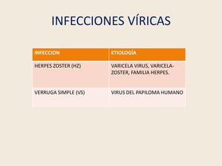 INFECCIONES VÍRICAS
INFECCION ETIOLOGÍA
HERPES ZOSTER (HZ) VARICELA VIRUS, VARICELA-
ZOSTER, FAMILIA HERPES.
VERRUGA SIMPL...
