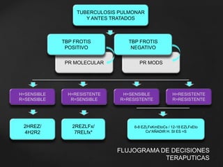 PR MOLECULAR PR MODS 
FLUJOGRAMA DE DECISIONES 
TERAPUTICAS 
TUBERCULOSIS PULMONAR 
Y ANTES TRATADOS 
TBP FROTIS 
POSITIVO 
TBP FROTIS 
NEGATIVO 
H=SENSIBLE 
R=SENSIBLE 
H=RESISTENTE 
R=SENSIBLE 
H=SENSIBLE 
R=RESISTENTE 
H=RESISTENTE 
R=RESISTENTE 
2HREZ/ 
4H2R2 
2REZLFx/ 
7RELfx* 
6-8 EZLFxKmEtoCs / 12-18 EZLFxEto 
Cs*AÑADIR H. SI ES =S 
 