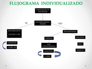 FLUJOGRAMA INDIVIDUALIZADO
SOSPECHA DE TB
PULMONAR

SI

FACTORES RIESGO
TB MDR

BACILOSCOPIAS

NO

BACILOSCOPIAS

CULTIVO Y PFS
POSITIVA
GENOTYPE
X PERT TB

PCR
CONVENCIONAL

GENOTYPE
X- PERT

NEGATIVA

PCR,

XPERT X 3

 