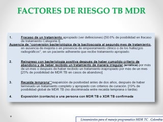 FACTORES DE RIESGO TB MDR

Lineamientos para el manejo programatico MDR TC . Colombia

 