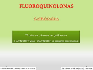 FLUOROQUINOLONAS
GATIFLOXACINA

TB pulmonar ; 4 meses de gatifloxacina
2 GA/INH/RIF/PZDA + 2GA/INH/RIF vs esquema convencional

 