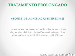 TRATAMIENTO PROLONGADO

HIPOTESIS DE LAS POBLACIONES ESPECIALES

La tasa de crecimiento del bacilo tuberculoso
depende del tipo de lesión y esto determina
diferentes susceptibilidades a antibióticos

 