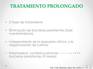 TRATAMIENTO PROLONGADO
• 2 fases de tratamiento
• Eliminación de bacterias persistentes (fase
mantenimiento)
• Independiente de la respuesta clínica y la
negativización de cultivos

• Enfermedad cavitaria pulmonar
bacterias persistentes (9 meses)

++++

 