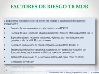 FACTORES DE RIESGO TB MDR

Lineamientos para el manejo programatico MDR TC . Colombia

 