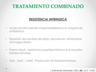 TRATAMIENTO COMBINADO
RESISTENCIA INTRINSECA
• Acido micólico brinda impermeabilidad a la mayoría de
antibióticos

• Expresión de bombas de eflujo :quinolonas, tetraciclinas
aminoglucósidos
• Porina MspA : resistencia a betalactámicos (no necesita
betalactamasa)
• Gen blaC y blaS : Producción de betalactamasas

 