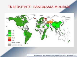 TB RESISTENTE : PANORAMA MUNDIAL

Lineamientos para el manejo programatico MDR TC . Colombia 2013

 