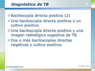 Diagnóstico de TB
Baciloscopía directa positiva (2)
Una baciloscopía directa positiva y un
cultivo positivo.
Una baciloscopía directa positiva y una
imagen radiológica sugestiva de TB.
Dos o más baciloscopías directas
negativas y cultivo positivo.
Company Logo
www.themegallery.com
 