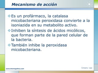 Mecanismo de acción
Es un profármaco, la catalasa
micobacteriana peroxidasa convierte a la
isoniazida en su metabolito activo.
Inhiben la síntesis de ácidos micólicos,
que forman parte de la pared celular de
la bacteria.
También inhibe la peroxidasa
micobacteriana.
Company Logo
www.themegallery.com
 