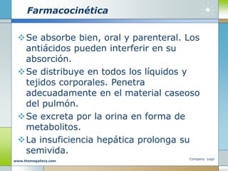 Farmacocinética
Se absorbe bien, oral y parenteral. Los
antiácidos pueden interferir en su
absorción.
Se distribuye en todos los líquidos y
tejidos corporales. Penetra
adecuadamente en el material caseoso
del pulmón.
Se excreta por la orina en forma de
metabolitos.
La insuficiencia hepática prolonga su
semivida.
Company Logo
www.themegallery.com
 