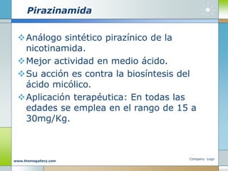 Pirazinamida
Análogo sintético pirazínico de la
nicotinamida.
Mejor actividad en medio ácido.
Su acción es contra la biosíntesis del
ácido micólico.
Aplicación terapéutica: En todas las
edades se emplea en el rango de 15 a
30mg/Kg.
Company Logo
www.themegallery.com
 