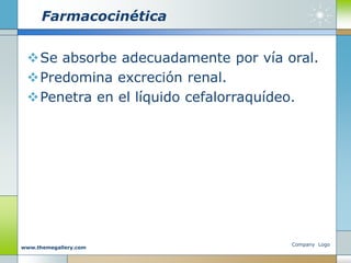 Farmacocinética
Se absorbe adecuadamente por vía oral.
Predomina excreción renal.
Penetra en el líquido cefalorraquídeo.
Company Logo
www.themegallery.com
 
