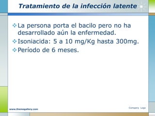 Tratamiento de la infección latente
La persona porta el bacilo pero no ha
desarrollado aún la enfermedad.
Isoniacida: 5 a 10 mg/Kg hasta 300mg.
Período de 6 meses.
Company Logo
www.themegallery.com
 