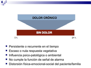  Persistente o recurrente en el tiempo
 Escaso o nula respuesta vegetativa
 Influencia psico-patológica o ambiental
 No cumple la función de señal de alarma
 Distorsión física-emocional-social del paciente/familia
 