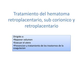 Tratamiento del hematoma retroplacentario, sub corionico y retroplacentario