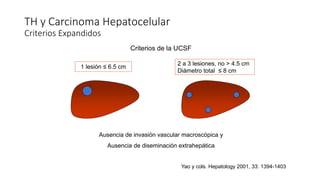 TH y Carcinoma Hepatocelular
Criterios Expandidos
Yao y cols. Hepatology 2001, 33: 1394-1403
Criterios de la UCSF
1 lesión ≤ 6.5 cm
2 a 3 lesiones, no > 4.5 cm
Diámetro total ≤ 8 cm
+
Ausencia de invasión vascular macroscópica y
Ausencia de diseminación extrahepática
 
