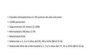 • Estudio retrospectivo en 10 centros de alto volumen
• 2,046 pacientes
• Seguimiento 25 meses (1-209)
• Mortalidad a 90 días 2.7%
• Morbilidad 42%
• Sobrevida a 1, 3 y 5 años del 95, 80 y 61% (BCLC O-A)
• Sobrevida libre de enfermedad a 1, 3 y 5 años del 77, 41 y 21% (BCLC O-A)
 