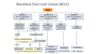 Barcelona Clinic Liver Cancer (BCLC)
CHC
Estadío D
PST >2, Child-Pugh C,
Okuda 3
Estadío A-C
PST 0-2, Child-Pugh A-B,
Okuda 1-2
Estadío 0
PST 0, Child-Pugh A,
Okuda 1
Etapa muy
Temprana (0)
Unico < 2cm
Carcinoma in situ
Etapa
Temprana (A)
Unico o 3
nódulos < 3cm,
PS (0)
Etapa
Intermedia(B)
Multinodular,
PS (0)
Etapa
Avanzada (C)
Invasión Portal
N1, M1, PS 1-2
Etapa
Terminal (D)
Tx Curativo 30% Sobrevida 5 años (40-70%) SM 60m 20% SM 20m (14-45)
Tx Paliativo
Resección Trasplante RFA
Quimio-
Embolización/
Ytrio 90
Sorafenib
Unico 3 nódulos,<3 cm
Presión portal/bilirrubina
Enf. asociadas
Incrementada
Normal No Si
10% SM <3m40% SM 11m (6-14)
 
