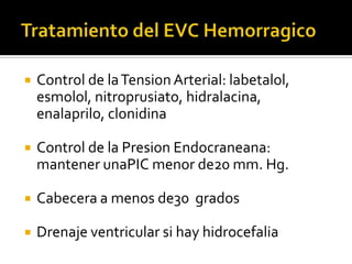 Tratamiento del EVC HemorragicoControl de la Tension Arterial: labetalol, esmolol, nitroprusiato, hidralacina, enalaprilo, clonidinaControl de la PresionEndocraneana: mantener unaPIC menor de20 mm. Hg.Cabecera a menos de30  gradosDrenaje ventricular si hay hidrocefalia